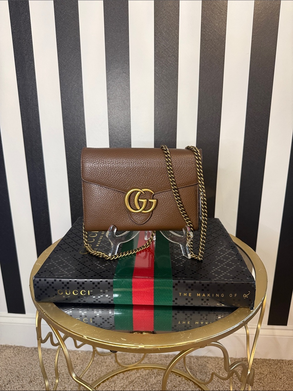 Gucci Brown Pebbled Leather Crossbody with Gold Double G